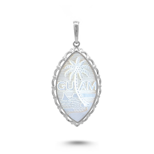 14K White Gold Mother of Pearl Guam Seal Plain Wave Pendant