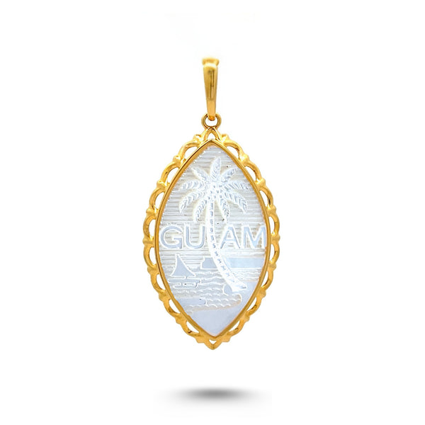 14K Yellow Gold Mother of Pearl Guam Seal Plain Wave Pendant