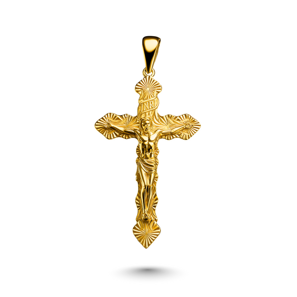 14K Yellow Gold Diamond Cut Cross Pendant (Hand Carved)