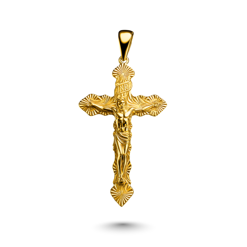14K Yellow Gold Diamond Cut Cross Pendant (Hand Carved)