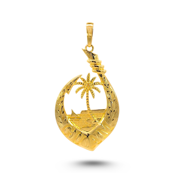 14K Yellow Gold Guam Seal Guam Leaf Fish Hook Pendant