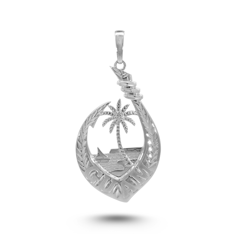 14K White Gold Guam Seal Diamond Cut V Fish Hook Pendant