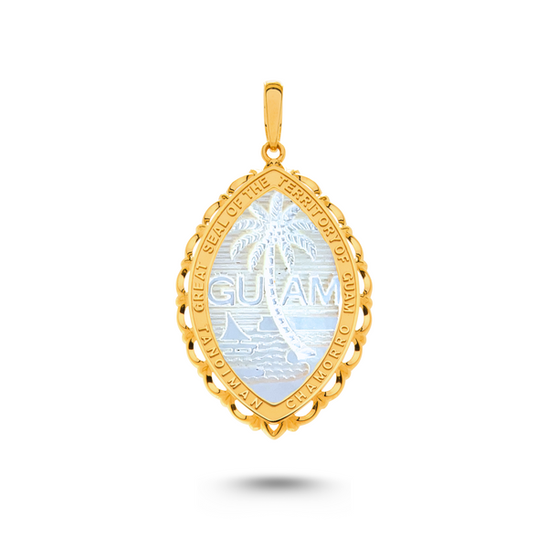 14K Yellow Gold Mother of Pearl Guam Seal Territory Wave Pendant