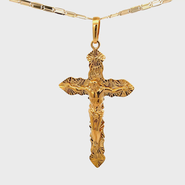 14K Yellow Gold Diamond Cut Cross Pendant (Hand Carved)