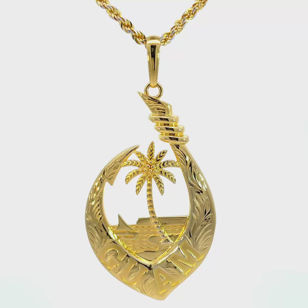 14K Yellow Gold Guam Seal Hawaiian Leaf Fish Hook Pendant