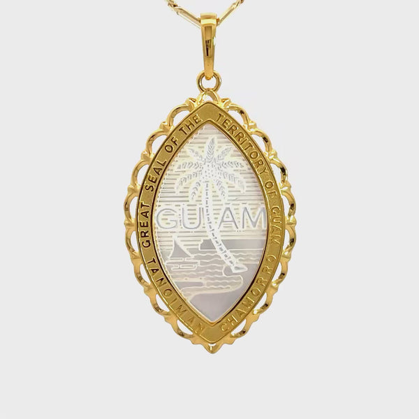 14K Yellow Gold Mother of Pearl Guam Seal Territory Wave Pendant