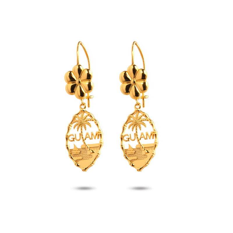14K Yellow Gold Guam Seal Dangle Earring With Flower