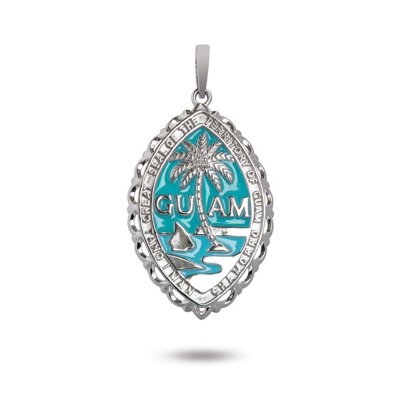 14K White Gold Guam Seal Territory Wave Pendant with Blue Enamel