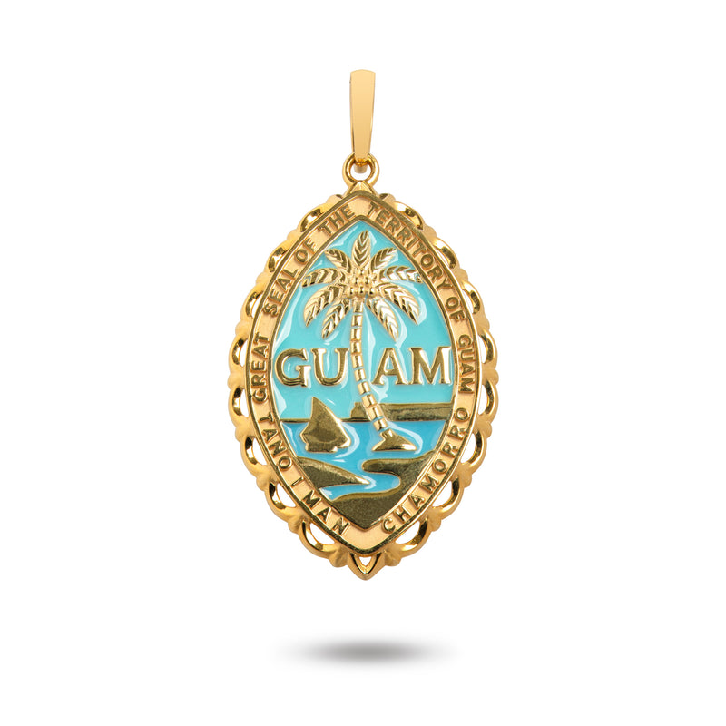 14K Yellow Gold Guam Seal Territory Wave Pendant with Blue Enamel