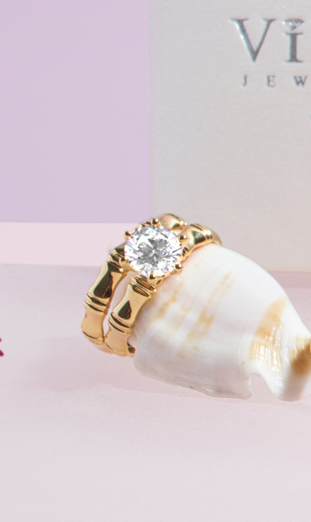 10K Yellow Gold Bamboo Wedding Set with Cubic Zirconium Stone